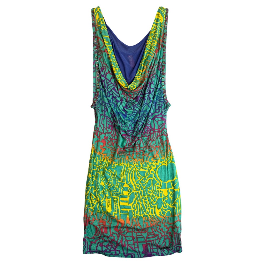 Y2K Apple Bottoms Graffiti Print Bodycon Mini Dress M Studded Hip Hop Club 00s